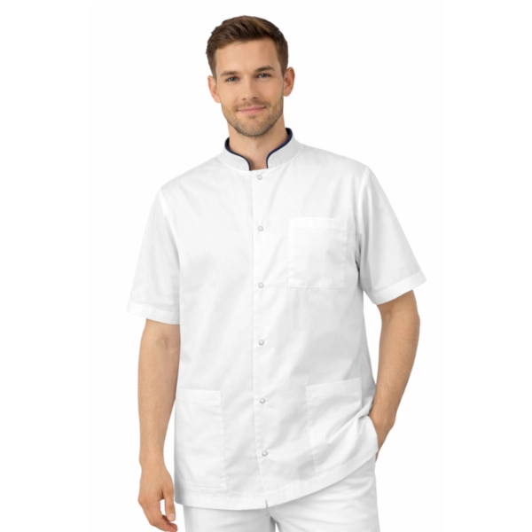 Bluza medyczna męska ze stójką biała ze stójką granatową krótki rękaw roz.3XL – bluza medyczna – bluza lekarska robocza